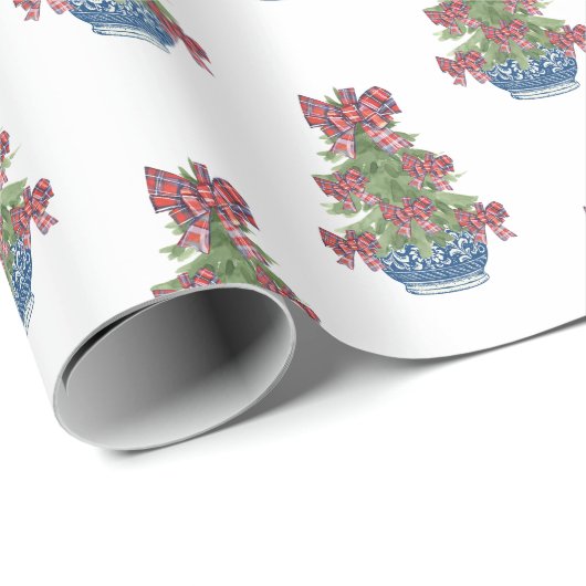 Karierter Bow Chinoiserie Topiary Tree Geschenkpapier (Rolleneckpunkt)