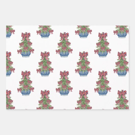 Karierter Bow Chinoiserie Topiary Tree Geschenkpapier Set (Vorderseite 3)