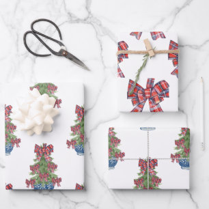 Karierter Bow Chinoiserie Topiary Tree Geschenkpapier Set