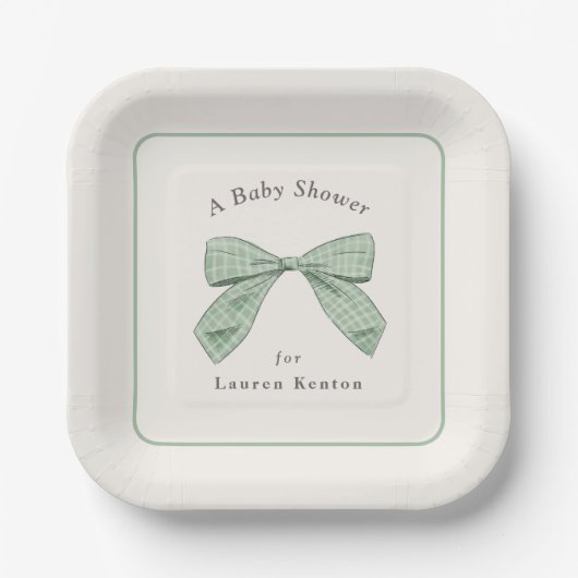 Karierter Bow mit heller Sage Elegante Baby-Dusche Pappteller (Vorderseite)