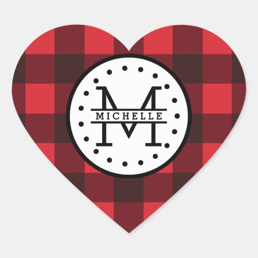 Karierter Lumberjack Name Monogram Herz-Aufkleber (Vorderseite)