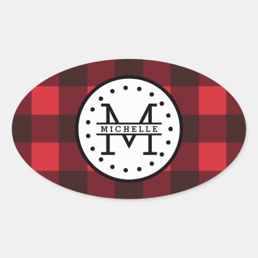 Karierter Lumberjack Name Monogram Ovaler Aufkleber (Vorderseite)