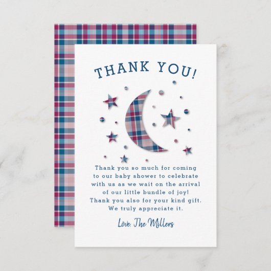 Karierter Mond hat Baby-Dusche in der Hauptrolle Dankeskarte (Vorne/Hinten)