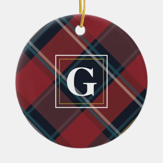 Karierter Monogramm Weihnachtsbaum Keramik Ornament (Vorne)