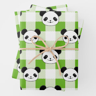 Karierter Panda-Bär Tartan-Muster in grün und weiß Geschenkpapier Set
