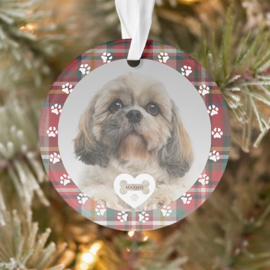 Karierter Red Karo Shih Tzu Dog Foto Weihnachten Ornament (Baum)