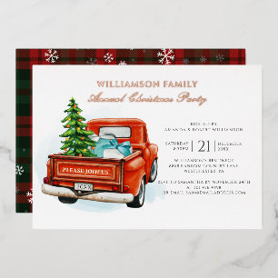 Karierter Red Truck Rustikale Weihnachts-Party Ros Folieneinladung
