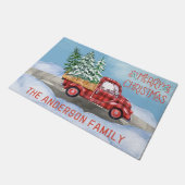 Karierter Red Truck Schnee Weihnachten Fußmatte (Schrägansicht)