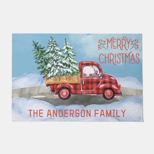 Karierter Red Truck Schnee Weihnachten Fußmatte (Vorderseite)