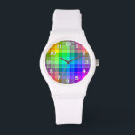 Karierter Regenbogen Armbanduhr<br><div class="desc">Dieses karierte Regenbogen-Muster ist hell und farbenfroh,  mit einem leichten Textureffekt. Es ist ein lebendiges,  lebhaftes,  kariertes Muster,  das hübsch aussieht,  wie es ist oder als Hintergrund für Ihren Text oder Ihr Foto. Die Uhrennummern sind weiß mit einer schwarzen Kontur.</div>