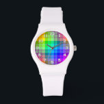 Karierter Regenbogen Armbanduhr<br><div class="desc">Dieses karierte Regenbogen-Muster ist hell und farbenfroh, mit einem leichten Textureffekt. Es ist ein lebendiges, lebhaftes, kariertes Muster, das hübsch aussieht, wie es ist oder als Hintergrund für Ihren Text oder Ihr Foto. Die Uhrennummern sind weiß mit einer schwarzen Kontur.</div>