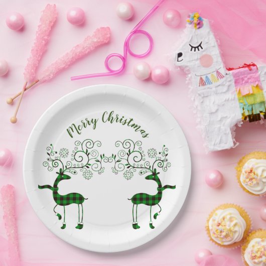 Karierter Rentier Pappteller (Party)