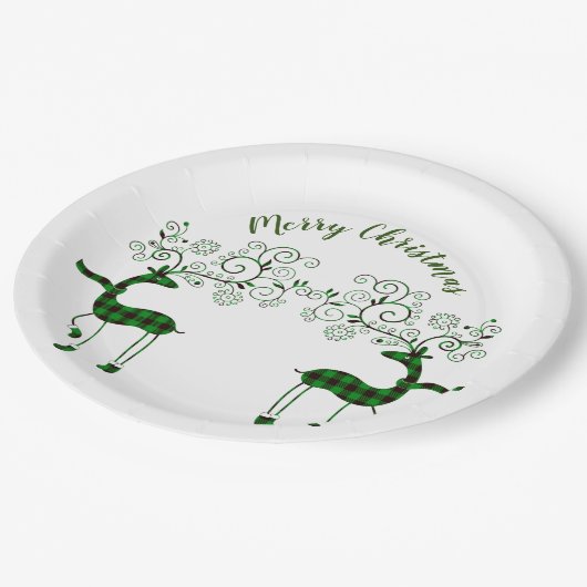 Karierter Rentier Pappteller (Schrägansicht)