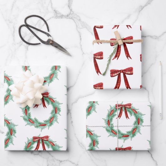 Karierter Ribbon-Kranz Weihnachten Geschenkpapier Set (Vorderseite)