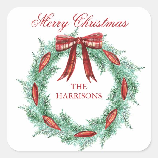 Karierter Ribbon-Kranz Weihnachten Quadratischer Aufkleber (Vorderseite)