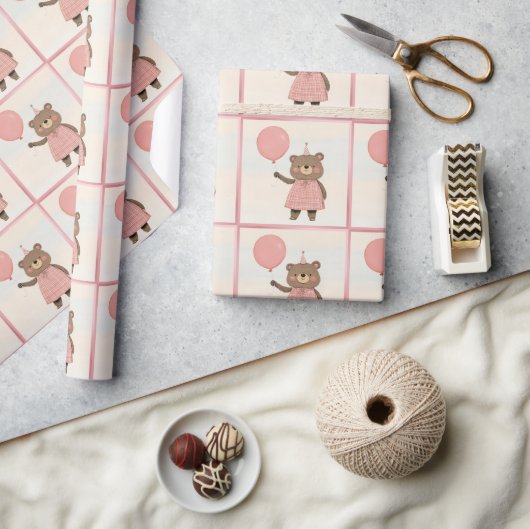 Karierter rosa Kleiderbär mit Bow und Hut Geschenkpapier (Kunsthandwerk)