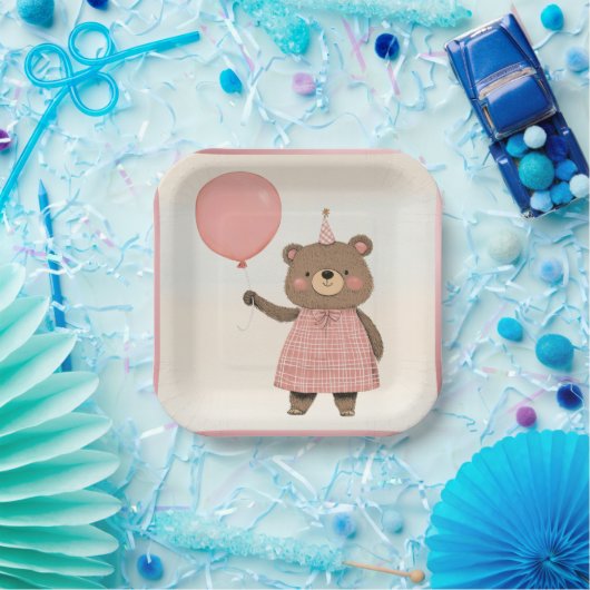 Karierter rosa Kleiderbär mit Bow und Hut Pappteller (Party)