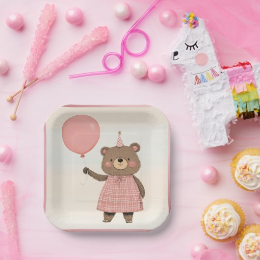 Karierter rosa Kleiderbär mit Bow und Hut Pappteller (Party)