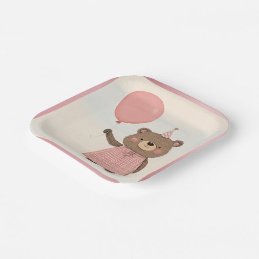 Karierter rosa Kleiderbär mit Bow und Hut Pappteller (Gewinkelt)