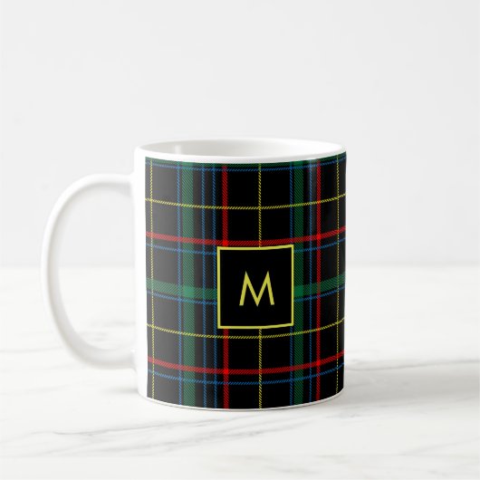 Karierter Tartan-rotes grünes schwarzes gelbes mit Kaffeetasse (Links)