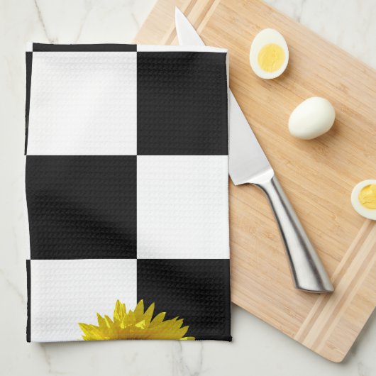 Karierter u. Sonnenblume-Schwarzweiss-Druck Geschirrtuch (Viertel Falte)