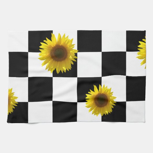 Karierter u. Sonnenblume-Schwarzweiss-Druck Geschirrtuch (Horizontal)