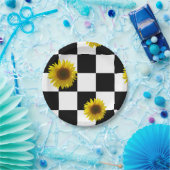 Karierter u. Sonnenblume-Schwarzweiss-Druck Pappteller (Party)