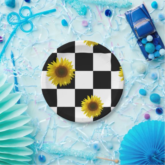Karierter u. Sonnenblume-Schwarzweiss-Druck Pappteller (Party)
