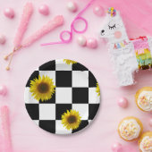 Karierter u. Sonnenblume-Schwarzweiss-Druck Pappteller (Party)