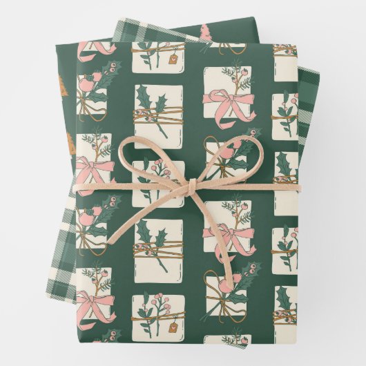 Karierter Urlaub in Rosa und Evergreen Geschenkpapier Set (Beispiel)