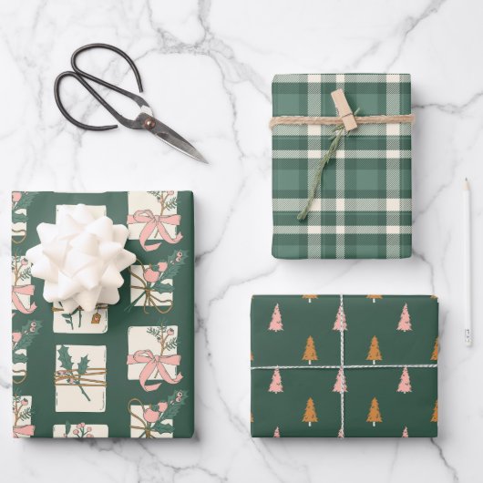 Karierter Urlaub in Rosa und Evergreen Geschenkpapier Set (Vorderseite)