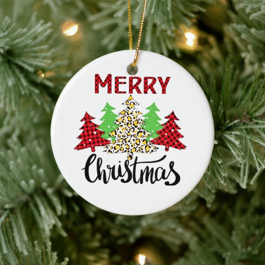 Karierter Weihnachtsbaum Winterwald Leopard Keramik Ornament