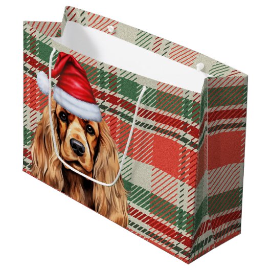 Karierter Weihnachtscocker Spaniel Dog Große Geschenktüte (Vorderseite Schrägansicht)