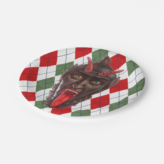 karierter Weihnachtskrampf Pappteller (Schrägansicht)