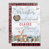 Karierter Winter Onederland Waldtiere Geburtstag Einladung (Vorne/Hinten)