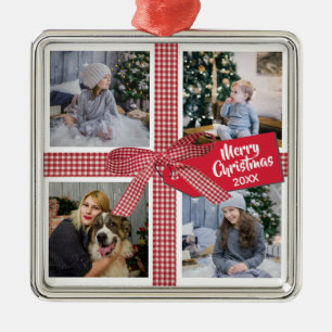 Kariertes Band und Bow 4 FotoCollage Weihnachten Ornament Aus Metall