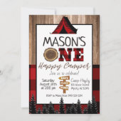 Kariertes Black and Red One Happy Camper Boy Campi Einladung (Vorderseite)