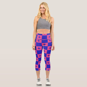 Kariertes Blau- und Rosa-Fliesenmuster mit Glitzer Capri Leggings