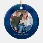 Kariertes blaues Foto Weihnachten Keramik Ornament (Hinten)