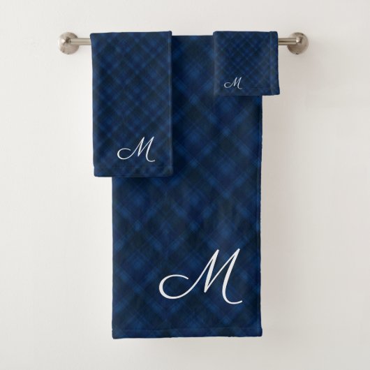 Kariertes blaues Muster Mit Monogramm Badhandtuch Set (Insitu)