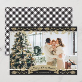 Kariertes botanisches Foto in Schwarz und Weiß Feiertagskarte