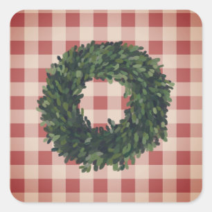 Kariertes Boxwood Wreath Bauernhaus Gingham Stilvo Quadratischer Aufkleber