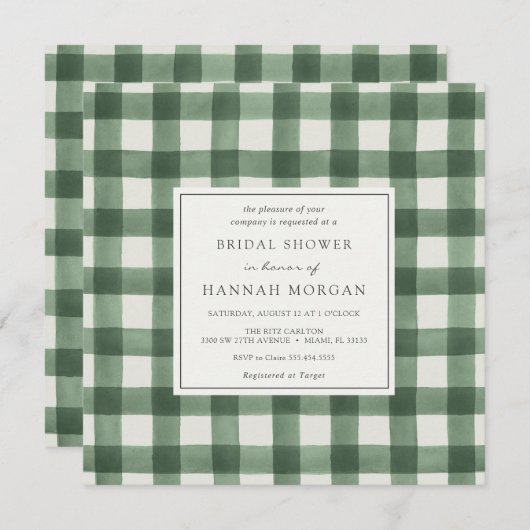 Kariertes Brautparty mit grünem und weißem Buffalo Einladung (Vorne/Hinten)