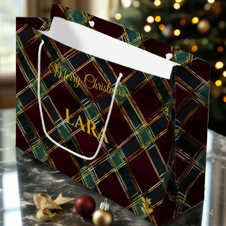 Kariertes Burgund- und Grün-Weihnachtsgeschenk ind Große Geschenktüte
