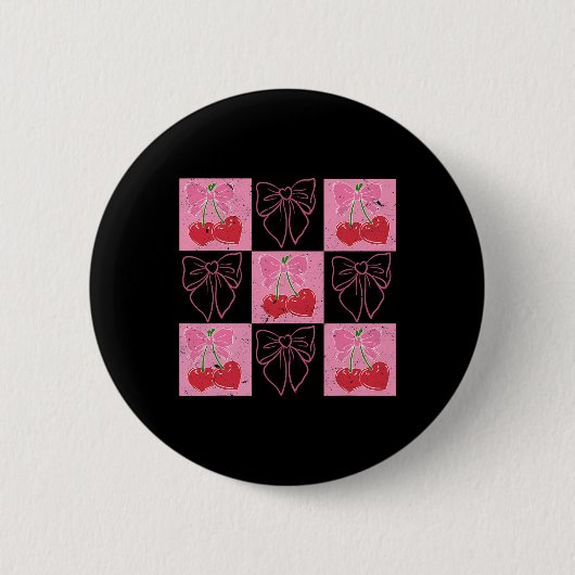 Kariertes Cherry Coquette-Schleifenband Rosa Valen Button (Vorderseite)