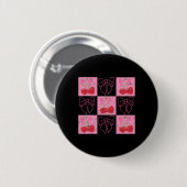 Kariertes Cherry Coquette-Schleifenband Rosa Valen Button (Vorne & Hinten)