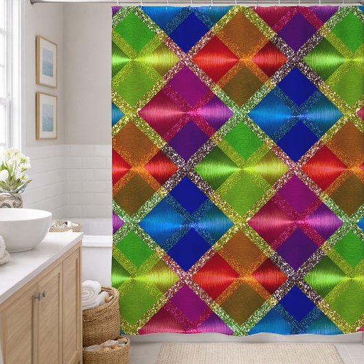 Kariertes Design von Blue Red Green Glitzer Duschvorhang