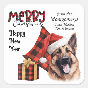 Kariertes deutsches Schäferhund Weihnachten Quadratischer Aufkleber