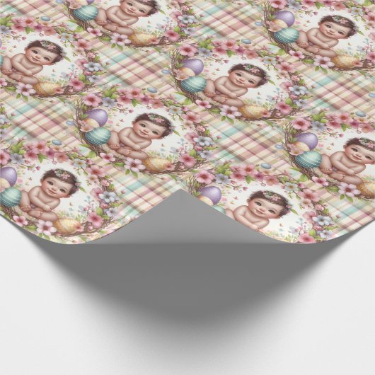 Kariertes florales Baby Erste Osterfeier Geschenkpapier (Ecke)