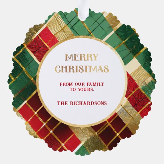 Kariertes Foto mit festlichem Gold, Rot und Grün Ornament Karte (Rückseite)